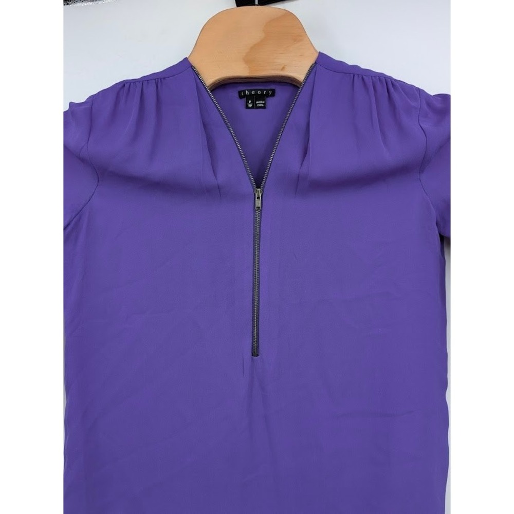 Theory Silk Zip Front V-Neck Blouse Purple 3/4 Sleeve Women's Petite Top - Picture 2 of 5